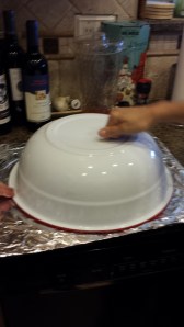 Out of the oven. We're just about to begin the unveiling, and required everyone to knock on the bowl for good luck. Not an Italian tradition!