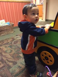 10-1/2 month old Cole looks like he's ready to go to a Broncos' game.