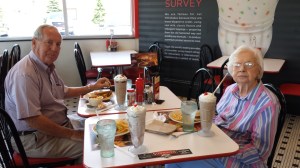 Bill and Wilma enjoy lunch and a chocolate milkshake at Steak N Shake.