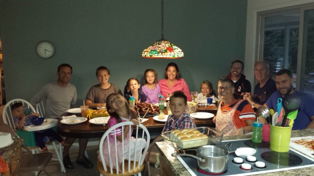 McLains and Zierks gathered to celebrate Bill's birthday by eating barbecued ribs! Alyx is present, but taking the photo.