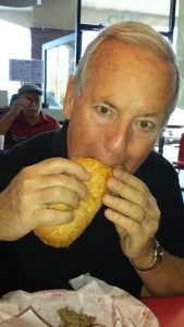 Bill enjoys his Italian beef sandwich -- free because he is a veteran.