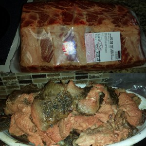 Top - uncooked prime rib roast; Bottom - roasted and sliced and ready to eat!