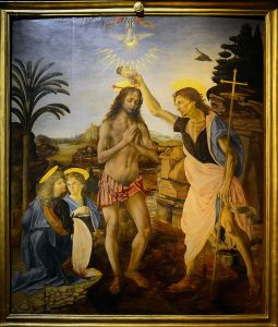 The Baptism of Christ by Andrea del Verrocchio and Leonardo da Vinci.