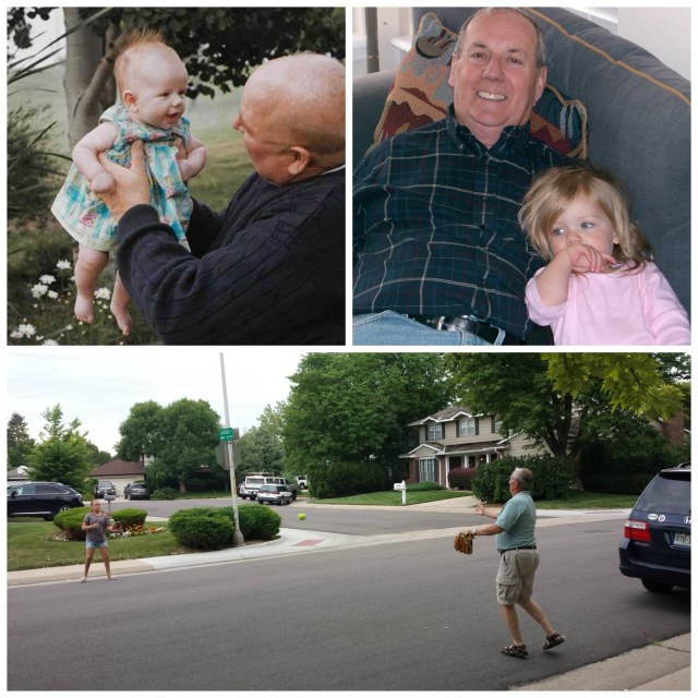 Papa Tim plays with baby Addie. Papa Bill and Addie relax together. Last summer, Addie played catch with Papa.