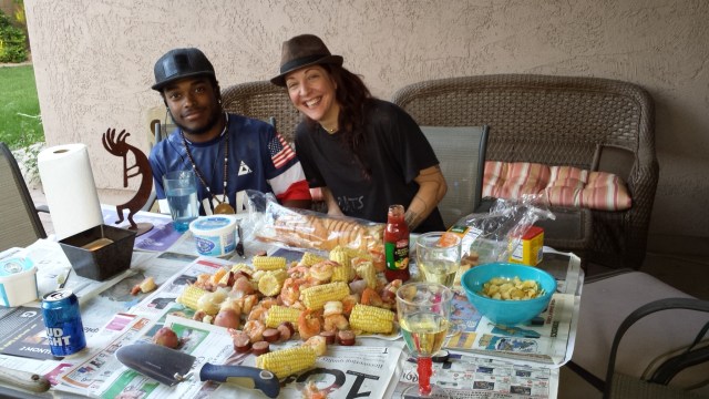 Kate and Jade prepare to eat some shrimp at the shrimp boil.