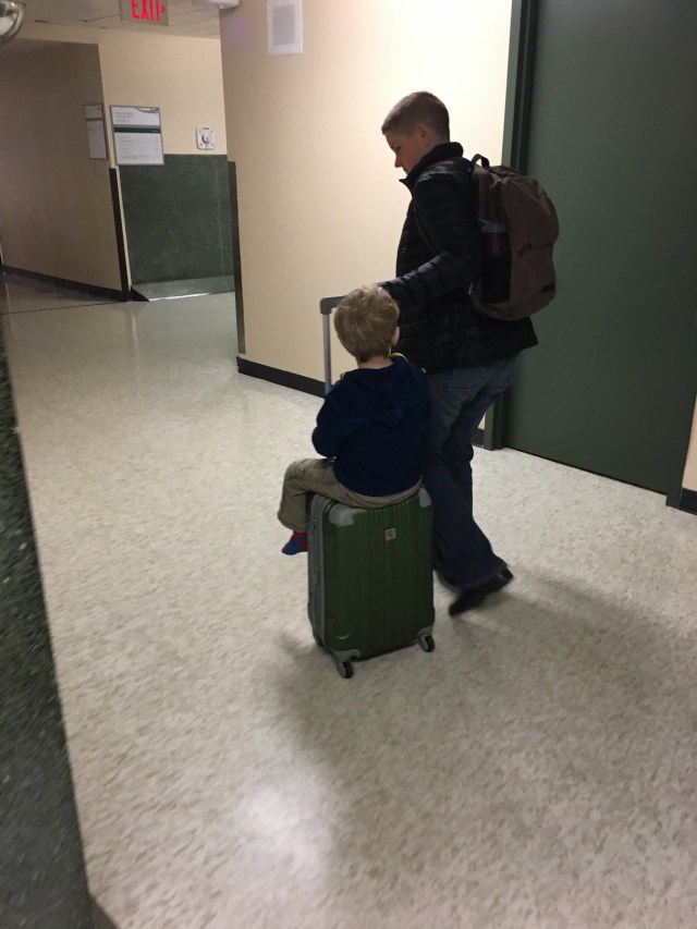 Getting a ride to the car from his Mom as he leaves the hospital on Tuesday.