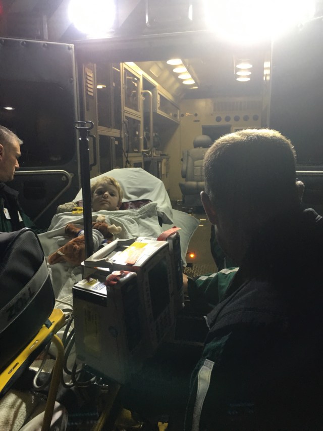 Micah in the ambulance to Burlington, VT.